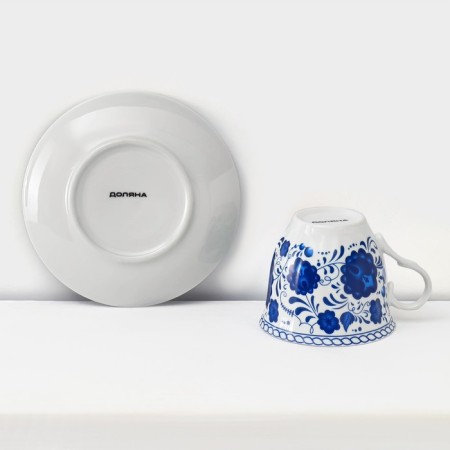 Service Ceramic Tea Dolyana "Russian Disor", 13 items on a stand: 6 cups 210 ml, 6 saucers, kettle-9