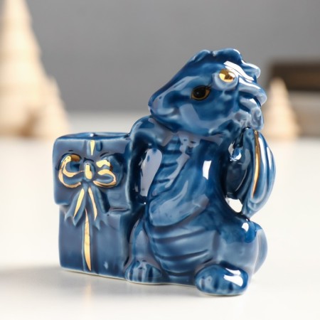Souvenir Ceramics stand for d/toothpicks "Dracos with gifts" blue-gold 4x6.5x7 cm-1