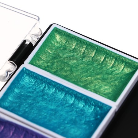 Watercolor paints, mother -of -pearl, + brush, in a plastic box, 8 colors-4