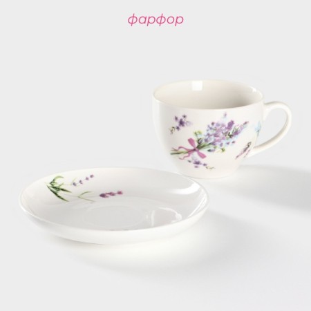 Tea steam porcelain share "Lavender", 2 items: a cup 250 ml, a saucer d = 15 cm, white color-1