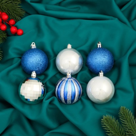 Set of balls plastic D-6 cm, 12 pcs "Agnet" stripes, silver-blue