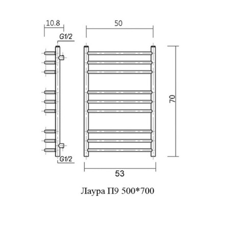 Water heated towel rail Domoterm "Laura", P9, 9 crossbars, 500 x 700 mm, chrome-3