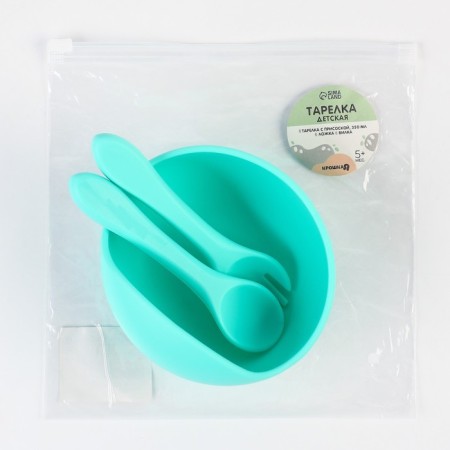 Baby plate on a suction cup and cutlery, I, crumb, turquoise-4
