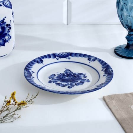 Plate "Flowers", flat, d = 20 cm, gzhel