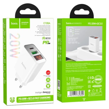Network charger HOCO C100A, 1 USB, 1 Type-C, 18 W, 3 A, display, PD + Qc, white-5