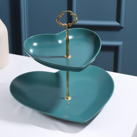 Ceramic 2-tier ceramic dish "Hearts", 19 × 18/26 × 25 cm, green color-1