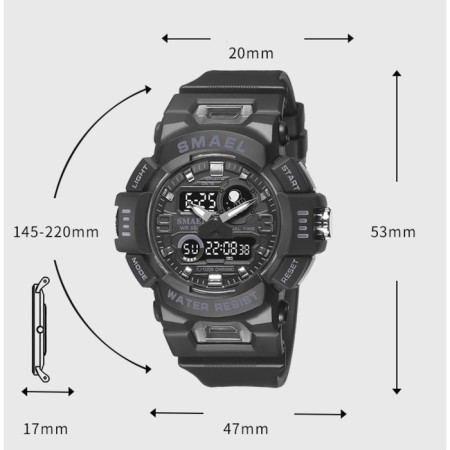 The watch is electronic, with an alarm clock, D-5.3 cm, strap L-27 cm, 5 atm, black-2
