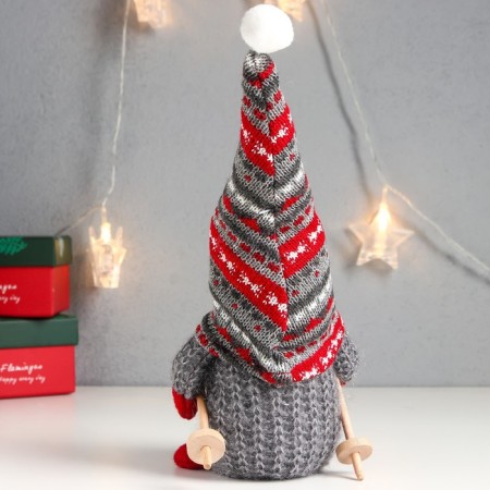 Interior doll "Santa Claus with ski sticks, a gray cap with patterns" 27x12x8 cm-3