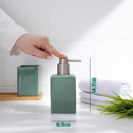 Savanna Square bathroom accessories set, 3 items (soap dispenser, glass, stand), green color-2
