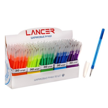 A set of ballpoint pens 150 pieces, 0.7mm, blue rod, color case, in the display