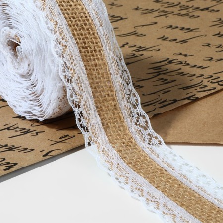 Ribbon from jute "Lace", natural, 37 mm, 4.5 ± 0.5 m, white color