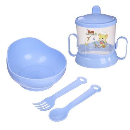 A set of children's dishes, 4 items: bowl, spoon, fork, chip with solid nose 200 ml, MIX color-9
