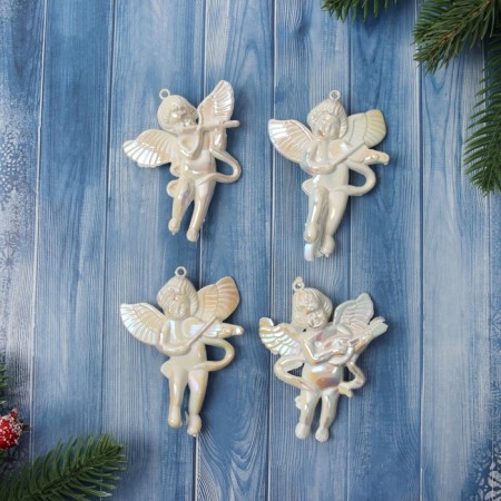 Christmas tree decoration "Angels overflow" (set 4 pcs) 8x6.5 cm, white mother of pearl