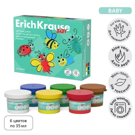Finger paints, 6 colors x 35 ml, Erichkrause "Baby", gel, with aloe vera, cardboard