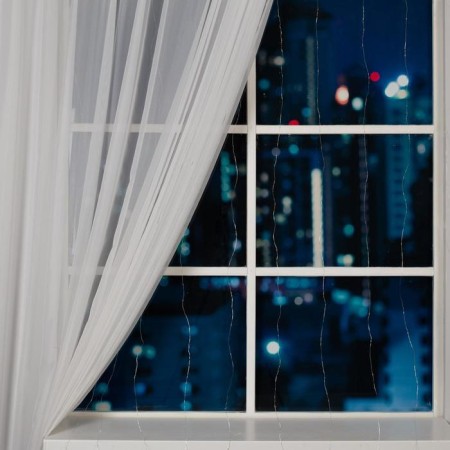 Garland "Curtain" 2 × 2 m Rosa, IP20, silver thread, 300 LED, warm white glow, 12 V-1