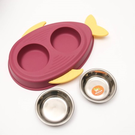Metal dual bowl on a plastic base 2 x 160 ml, 35 x 23.5 x 5 cm, pink-3