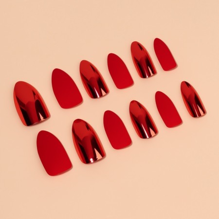 Patch nails, 12 pcs, with glue plates, almonds, red-1
