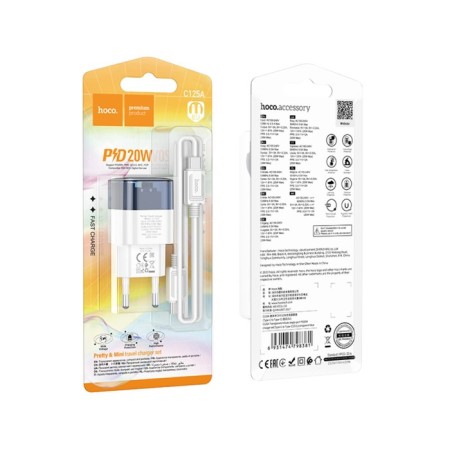 Network charger HOCO C125A, Type-C, 20 W, transparent, Type-C-Type-C, Blue-4