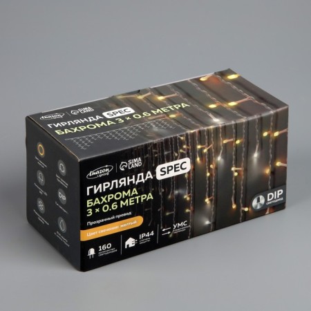 Garland "fringe" 3 × 0.6 m, IP44, UMS, transparent thread, 160 LED, yellow glow, white flicker, 220 V-6
