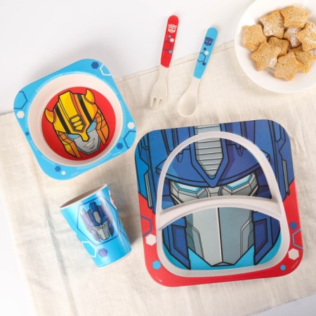 A set of children's bamboo dishes, 5 objects: plate, fork, spoon, glass, bowl, transformers-3