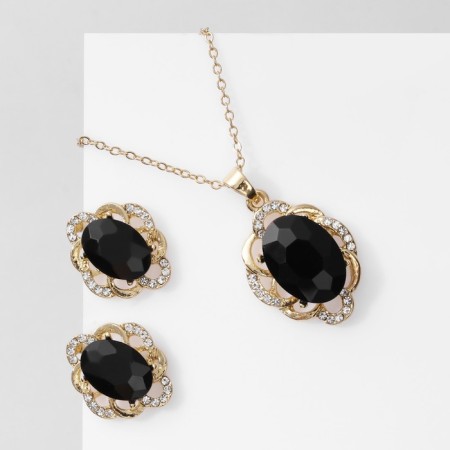 Set 2 objects: earrings, pendant "Edel" round trio, black and white color in gold, 50 cm