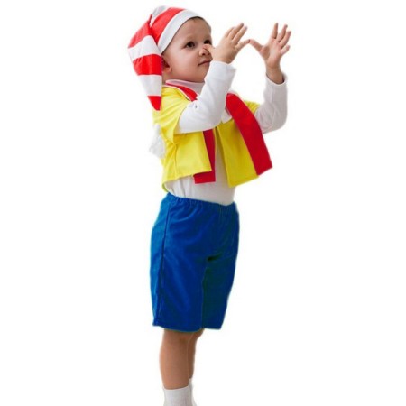 Pinocchio carnival costume, cap, jacket, scarf, breeches, 3-5 years old, height 104-116 cm