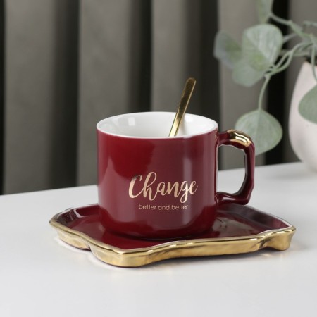 Tea couple ceramic with a spoon "Change", 2 items: a cup 230 ml, a saucer, color mix