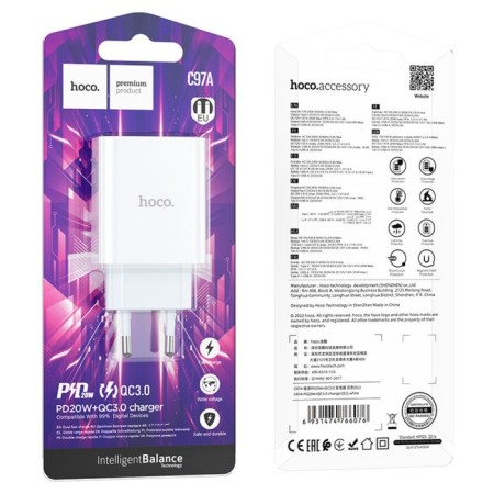 Network charger Hoco C97A, 1 USB, 1 Type-C, 20 W + 18 W, PD + Qc, white-5
