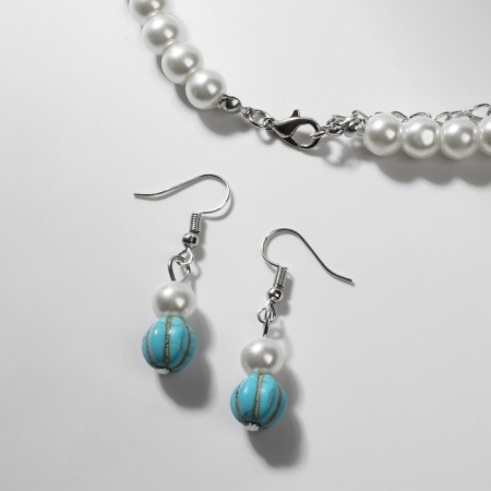 Set 3 objects: earrings, beads, bracelet "Nut", beads No. 8, milk-blue color, 42 cm-1