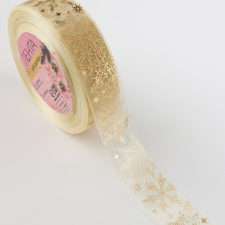 Kapron tape with embossing "Figure snowflakes", 25 mm × 23 ± 1 m, beige/gold color-1