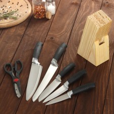 A set of kitchen knives on a stand, 6 objects: 5 knives 8.5 cm, 12 cm, 12 cm, 19.7 cm, 19 cm, scissors, black color