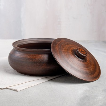 A baking pot with a lid "Poly", smooth, red clay, 1 liter-1