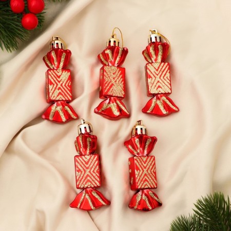 Christmas tree decoration "Sweets Geometry" (set of 5 pcs) 1.5x7 cm, red