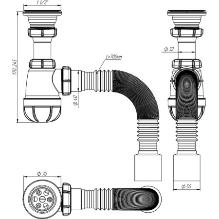 Siphon for the Aquant shell, 1 1/2 "x 40 mm, with metal. Grid d = 70 mm, with corrugation 40x40/50 mm-4