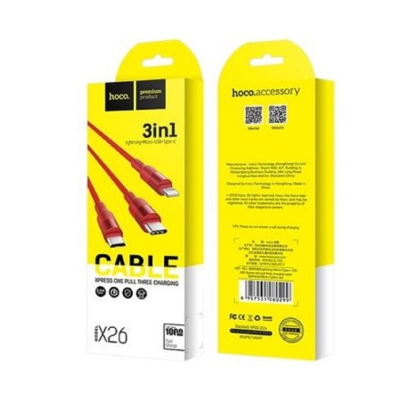 Cable 3 in 1 Hoco X26, USB - Microusb/Lightning/Type -C, 2 A, 1 m, metal, red-2