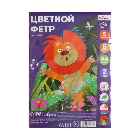 Color felt set, thick-2 mm, A4 format, soft, 5 sheets, 5 colors, bright colors-10