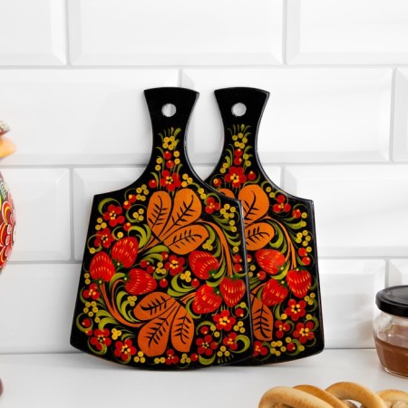 Semi -Strawberry set, 6 items: 2 boards, 3 banks, stand, Khokhloma-5