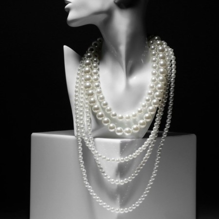 Beads "Pearl cascade", 5 threads, beads No. 8, 12, 14, milk color in silver, 70 cm
