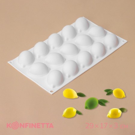 Form for mousse desserts and baking konfinetta “lemons”, silicone, 29 × 17 × 3 cm, 15 cells (5.5 × 4 cm), white color