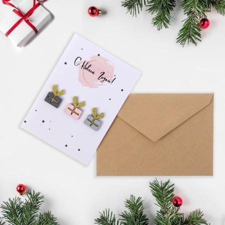 A postcard with a wooden element "Happy New Year!" Handmade, gifts, 14.7x10.5 cm