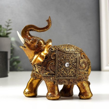 Polystone souvenir "Elephant with a golden blanket with patterns and rhinestones" 15x14x7 cm-1
