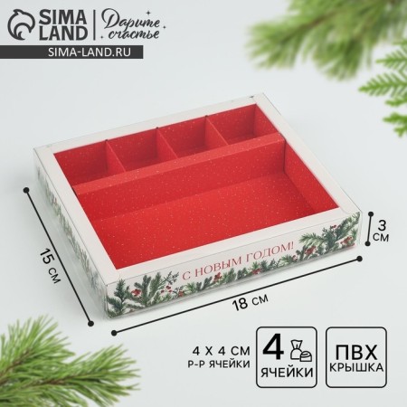 Box for 4 sweets and chocolate with cells "spruce aroma" 18.8 x 15.7 x 3 cm, New Year