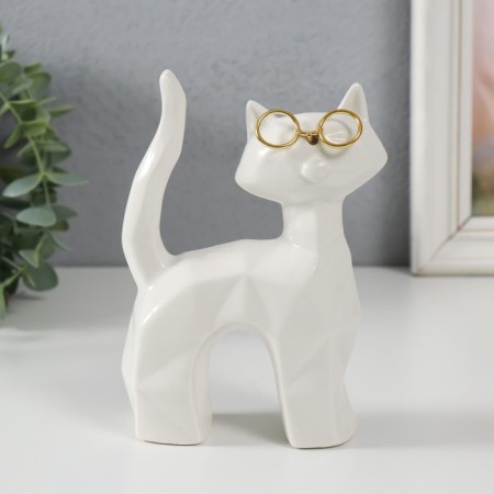 Souvenir Ceramics "White Cat with glasses, tail with a pipe" Grani 10.8x4.6x14.7 cm