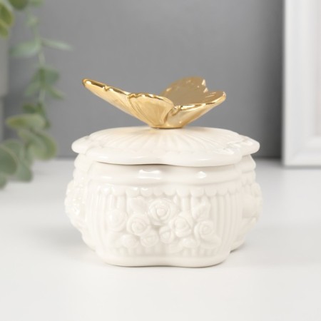 Coramics box "Butterfly on the Provence Flower" White 8.5x8.5x8 cm-1