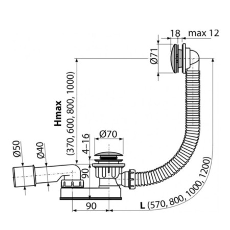 Alcadrain A507CKM bath siphon, stock hole D = 52, Click/Clack system, siphon length 57 cm-1
