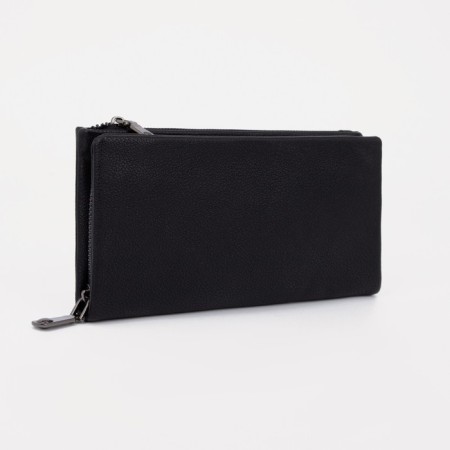Male purse with zipper, department for bills, for maps, for coins, black color