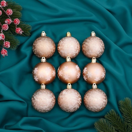 Set of balls plastic D-6 cm, 9 pcs "Isabelle" patterns, gold