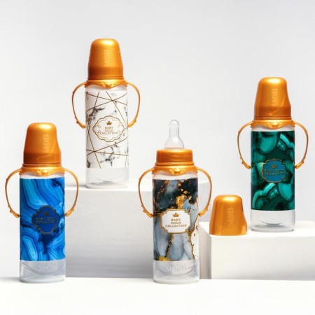 Bottle for feeding “Golden Collection: Black Marble”, classic throat, 250 ml., 0 months, cylinder, with handles-5