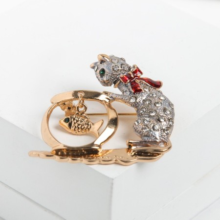Brooch "Cat" with an aquarium, the color is gray-red in gold-1