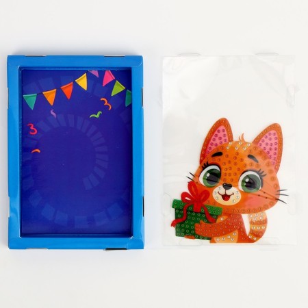 Diamond mosaic in a frame for children "Cat with a gift"-3